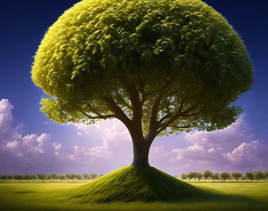 Prominent green tree on small hill under vast sky