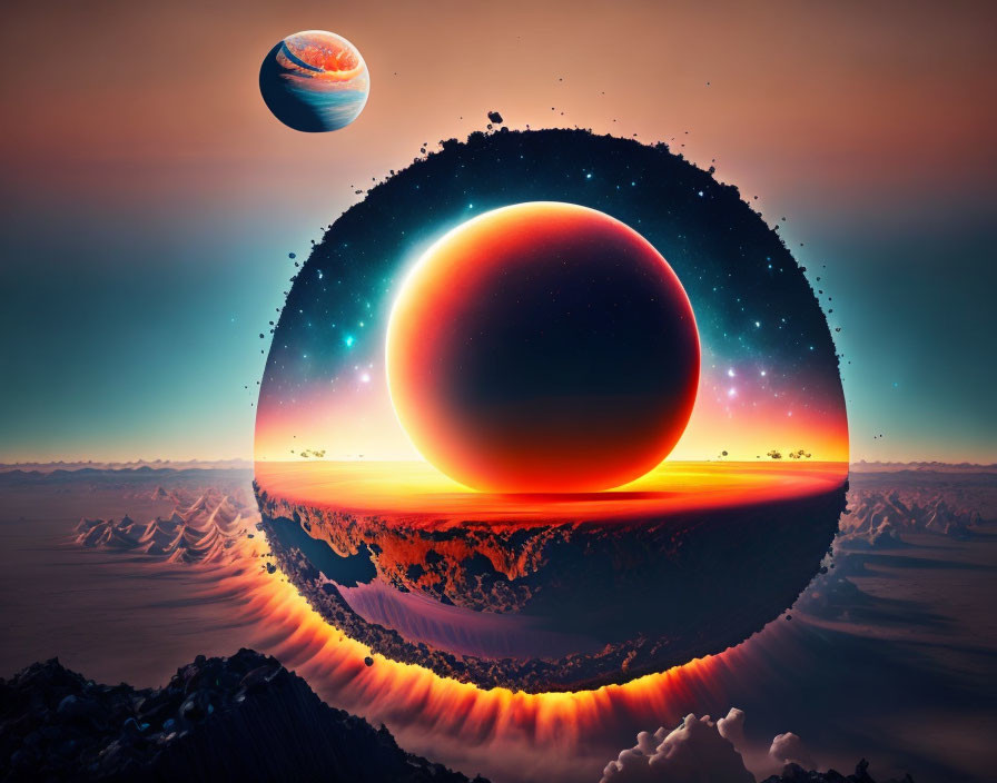 Surreal landscape with glowing celestial body and mountainous terrain