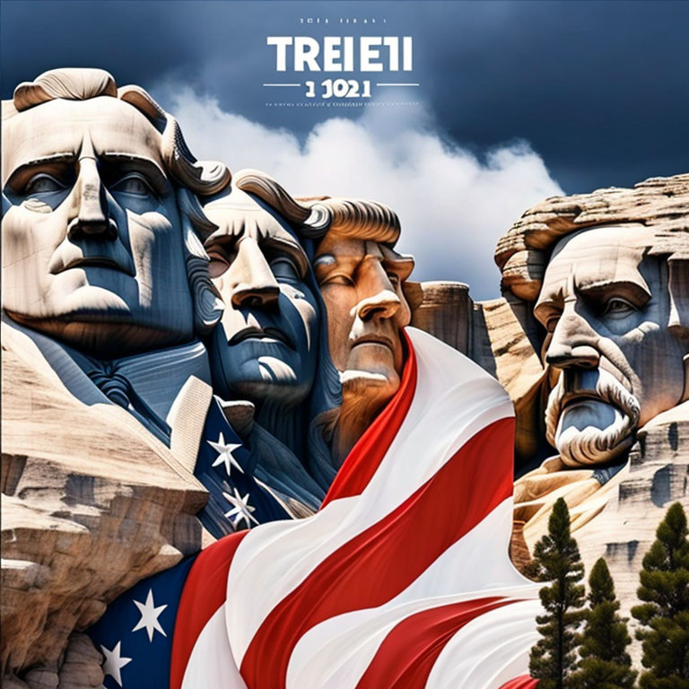 Stylized Mount Rushmore with presidents' faces in American flag under dramatic sky