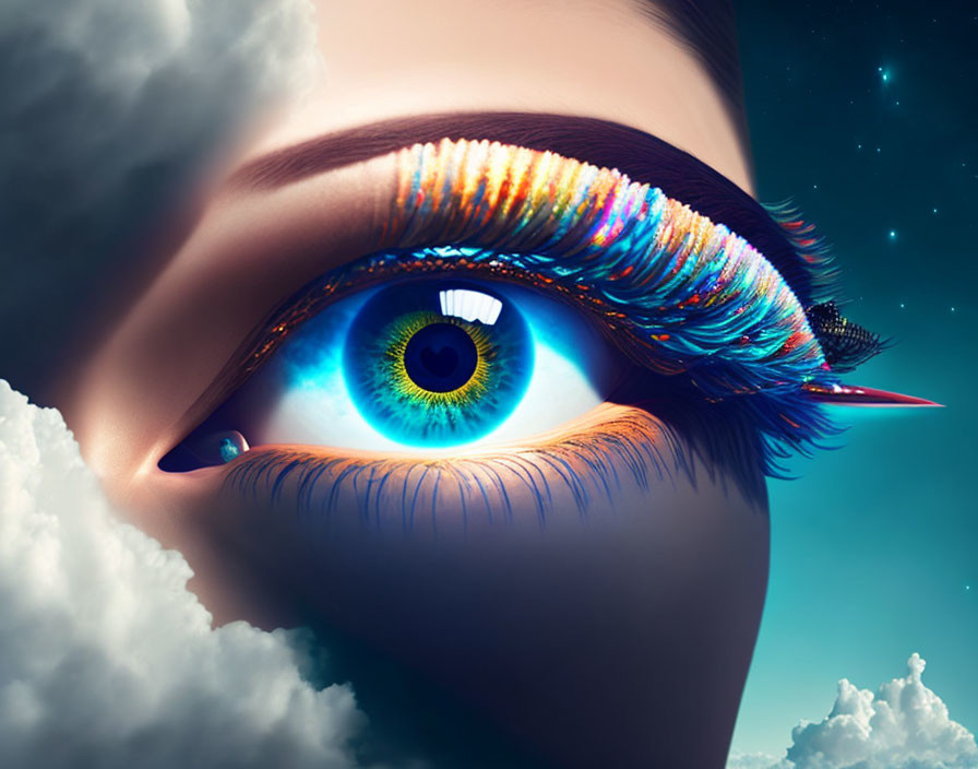 Detailed Artistic Rendering of Blue Eye with Colorful Eyelashes