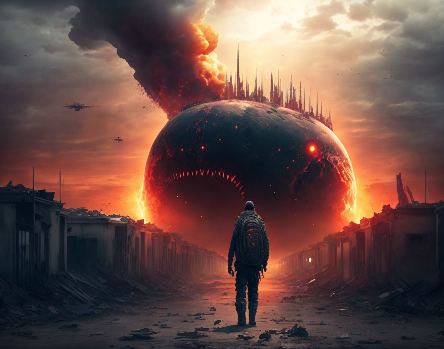 Figure walking towards dark spiked sphere in dystopian landscape under fiery sky