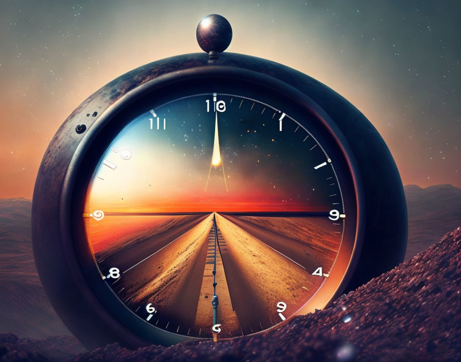 Vintage clock with open road and twilight sky - surreal concept of time and journey