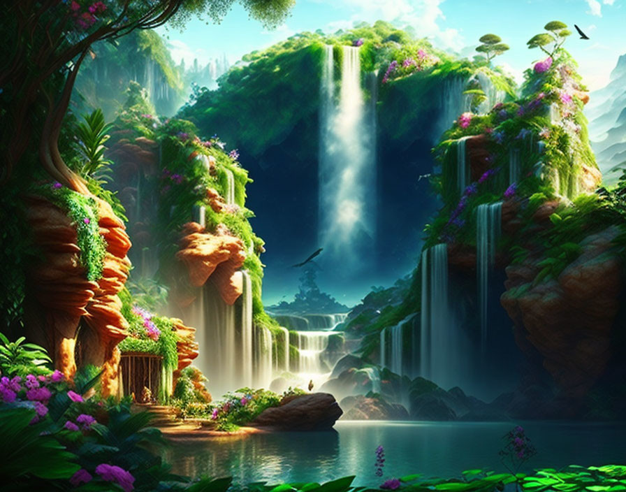 Serene landscape with lush greenery and waterfalls