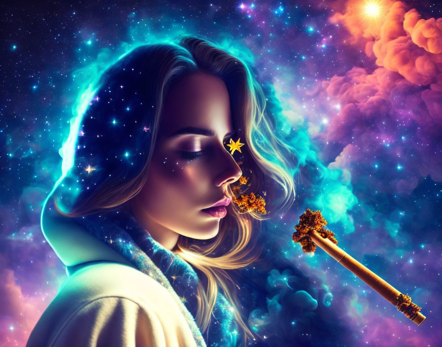 Cosmic-themed makeup woman with golden key in surreal space setting