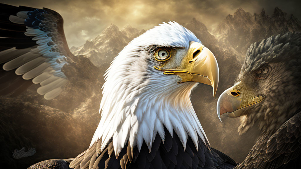 Bald eagle close-up with mountain backdrop and flying eagle