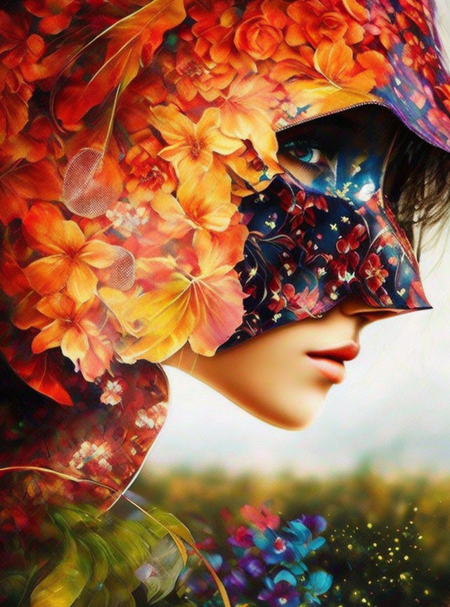 Floral mask woman in vibrant, colorful setting