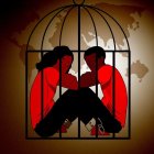 Stylized figures in birdcage with red outfits and sneakers pose.