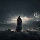 Cloaked Figure on Mountain Peak Amid Stormy Sky