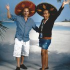 Mexican Attired Individuals on Rocky Shore with Sombreros