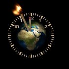 Clock merged with Earth, hands set against dark background with igniting match