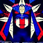 Colorful digital artwork: person with blue and red face paint and feathered headdress on dark blue