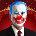 Cheerful clown with blue suit, American flag pin, red nose, and blue hair on red