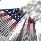 Two skyscrapers draped in an American flag in grayscale cityscape