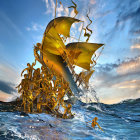 Sailing tall ship on stormy sea with dramatic sky