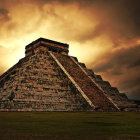 Ancient Mesoamerican Pyramid in Sunset Sky Amid Greenery