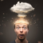 Surreal portrait of person with cloud brain, vibrant eye storm, melting features, and scattered em