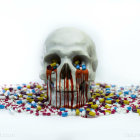 Skull with bolt surrounded by colorful pills on white background