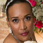 Portrait of a Woman with Flawless Skin and Striking Eyes in Floral Headpiece