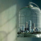 Futuristic cityscape with cylindrical tower and flying capsules