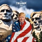 Stylized Mount Rushmore with presidents' faces in American flag under dramatic sky