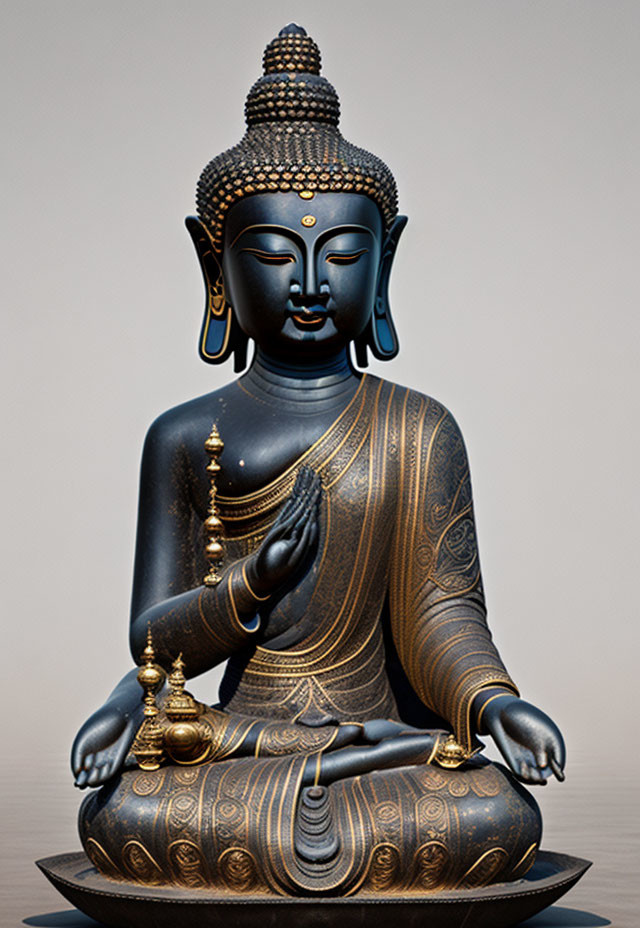 Serene black and gold Buddha statue in lotus position with raised hand