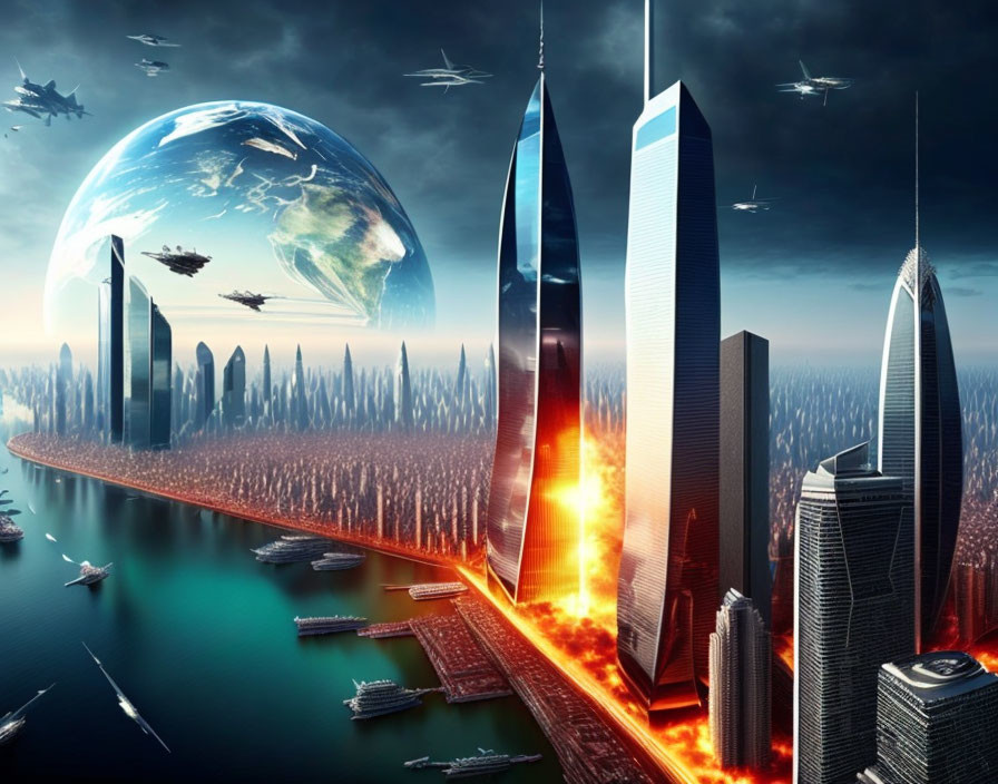 Futuristic cityscape with skyscrapers, flying vehicles, river, and giant planet.