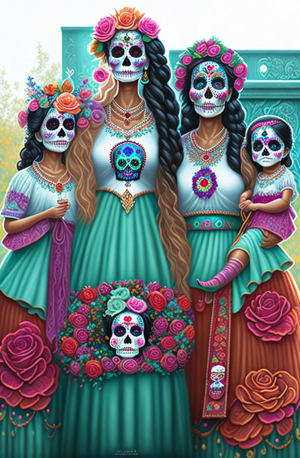 Four individuals in sugar skull makeup and traditional attire for Mexican Day of the Dead.