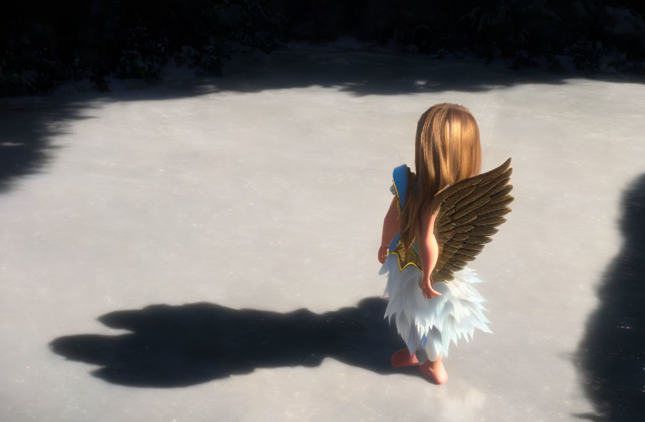 Young animated girl with wings hugging bird in sunlit scene