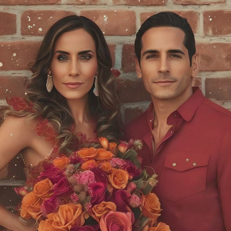 Formal couple posing with vibrant bouquet against terracotta backdrop