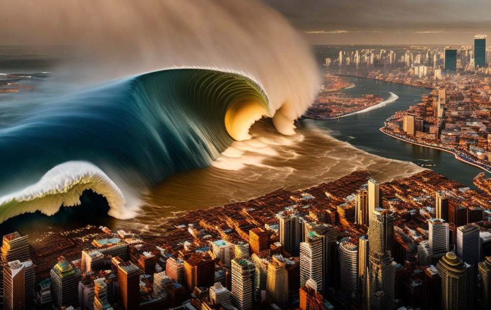 Giant surreal wave over coastal cityscape at sunrise or sunset