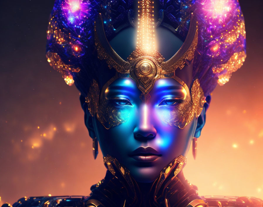 Digital art portrait: Blue-skinned figure with golden facial ornaments and ornate headdress on warm,