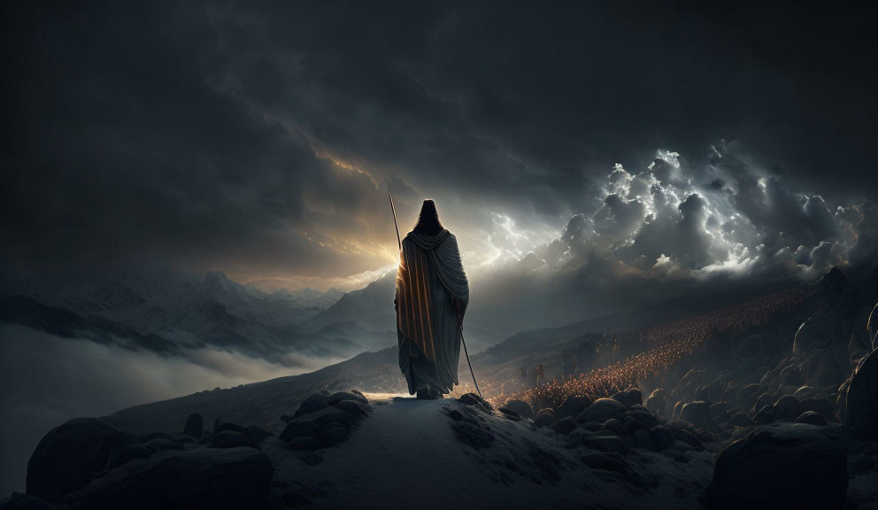 Cloaked Figure on Mountain Peak Amid Stormy Sky