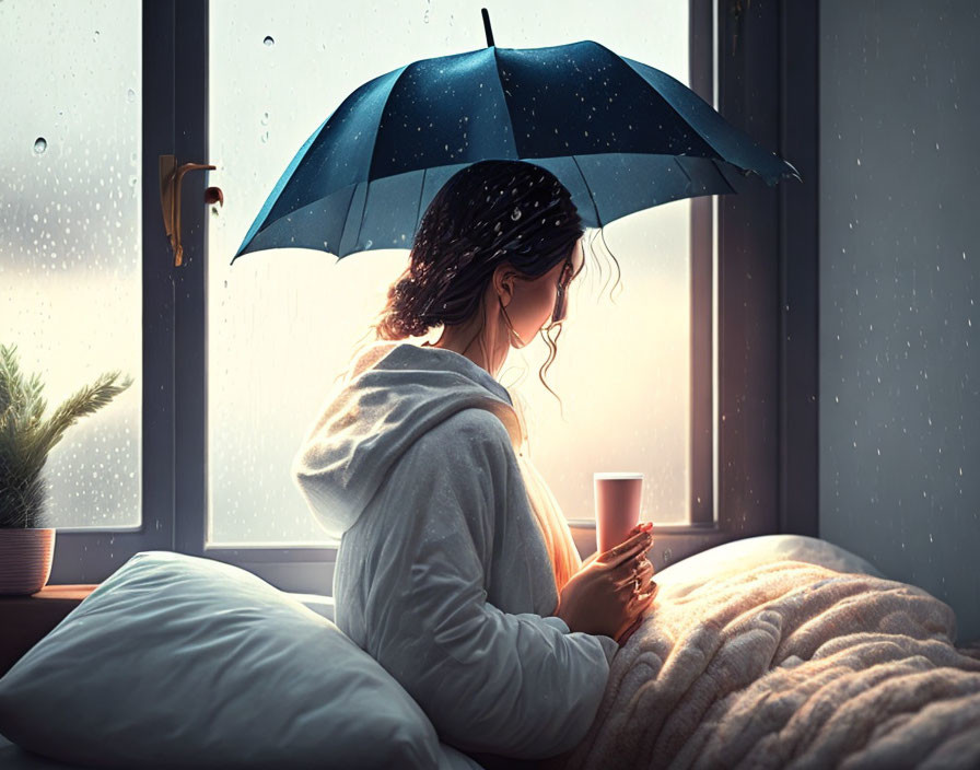 Person sitting by rainy window with steaming cup and umbrella under soft indoor light