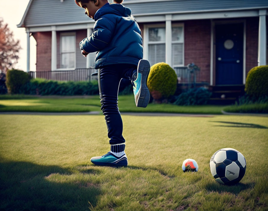 Child in Blue Sneakers Kicking Soccer Ball on Green Lawn