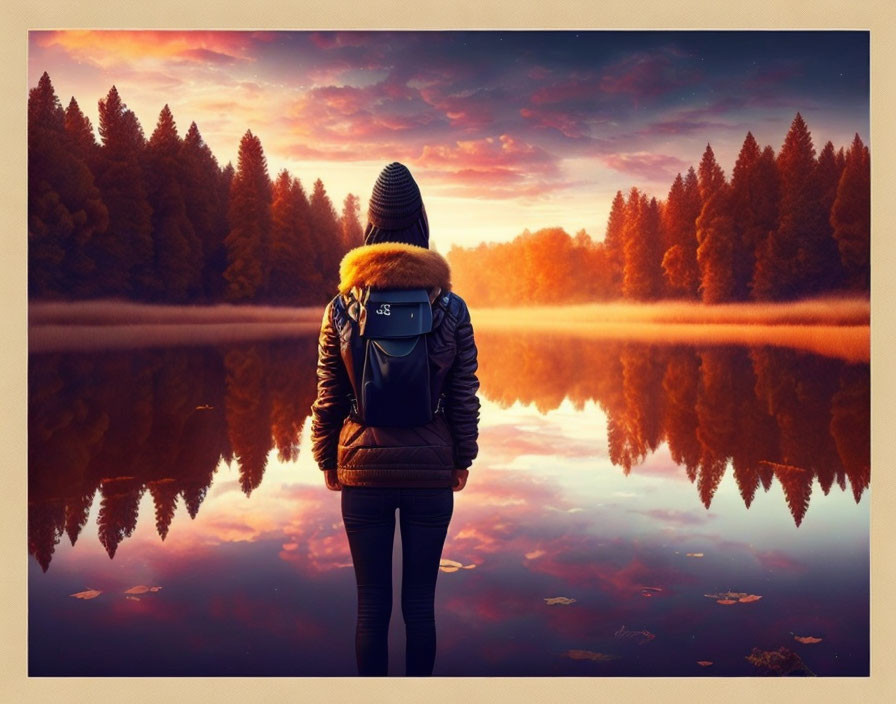 Person Contemplating Sunset Reflection on Serene Lake