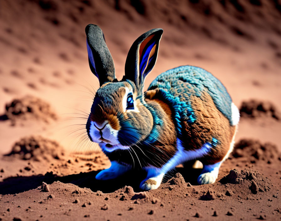 Colorful Rabbit Crouching on Sandy Terrain with Blue Fur and Shadow