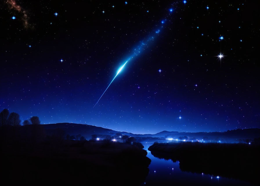 Bright meteor in starry sky over serene landscape with river