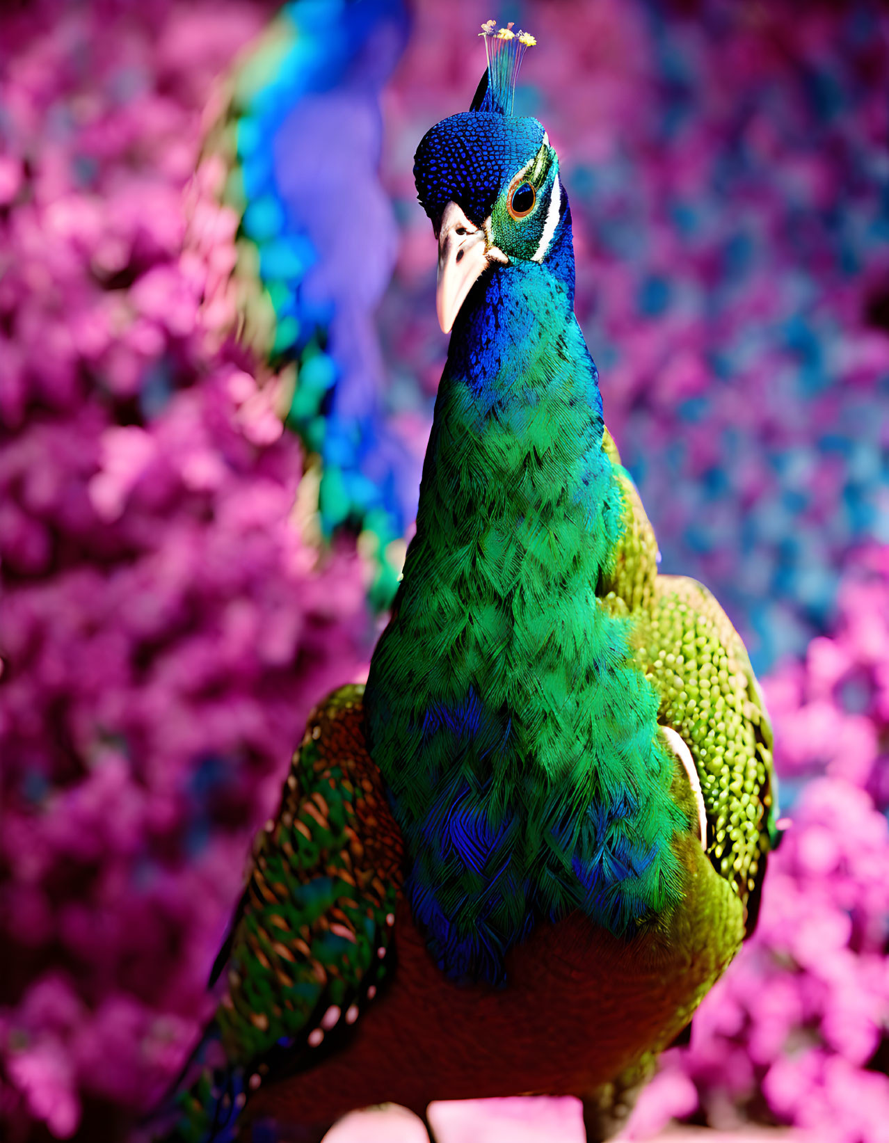 Colorful Peacock with Blue and Green Feathers Against Pink Blossoms