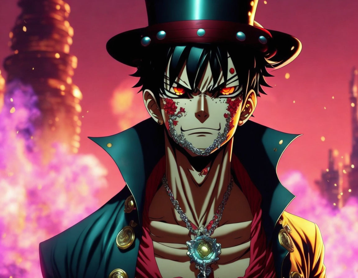 Animated character with black hair, top hat, and blue coat in fiery background