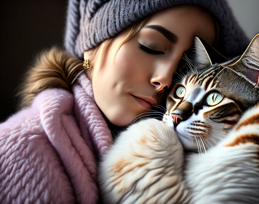 Woman in winter hat cuddles with tabby cat in pink coat