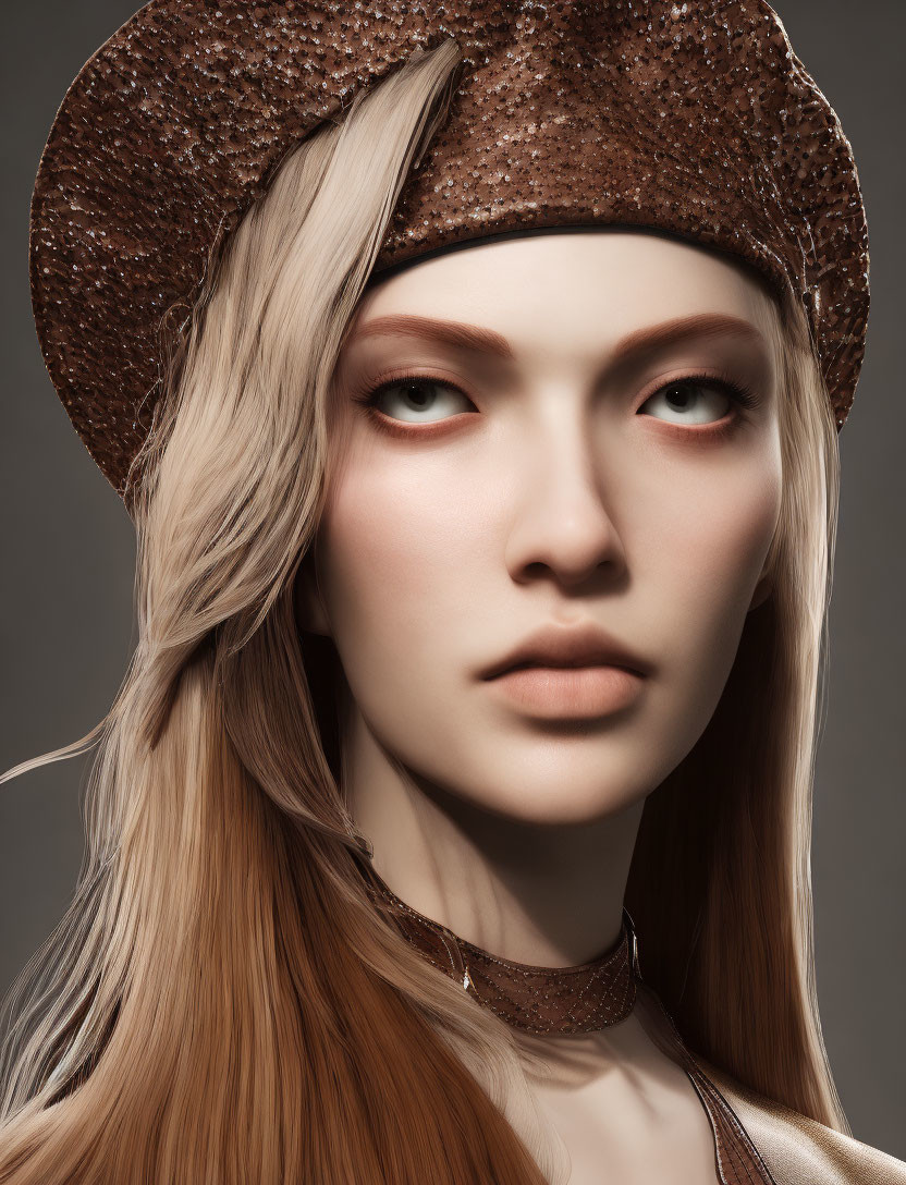 Woman portrait with striking makeup, textured hat, choker, and long blonde hair