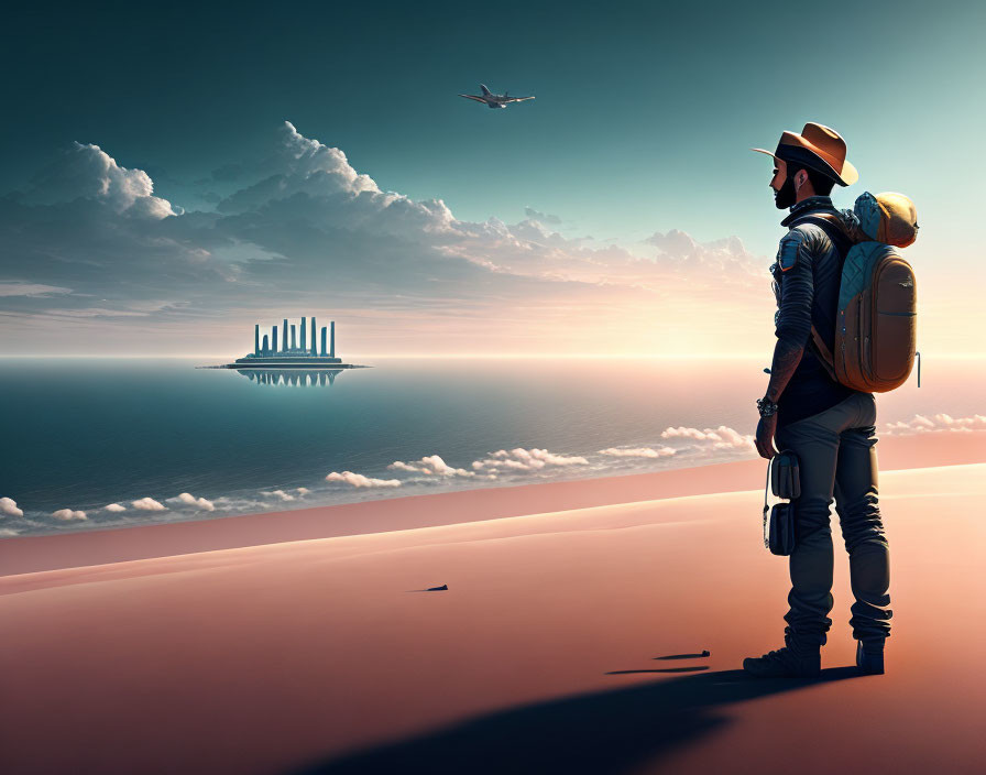 Traveler with backpack and suitcase on sandy shore gazing at distant city skyline and airplane at sunset