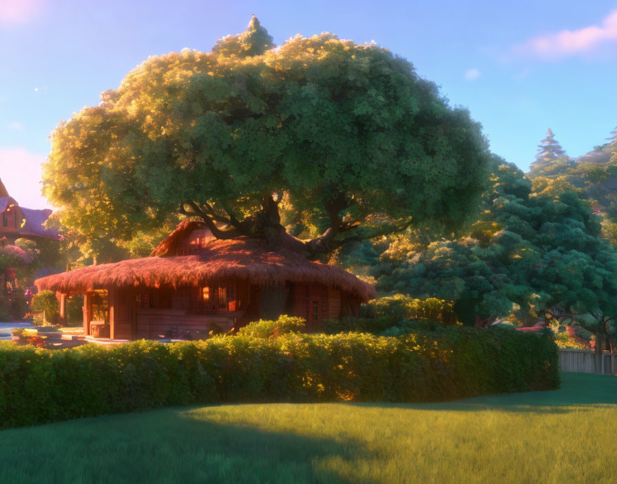 Thatched Roof Cottage Under Lush Tree in Golden Sunlight