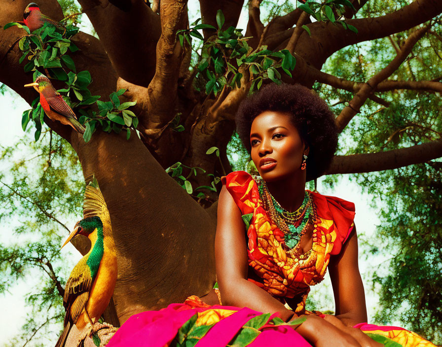 Woman in Vibrant Orange Attire Sitting Under Tree with Colorful Birds