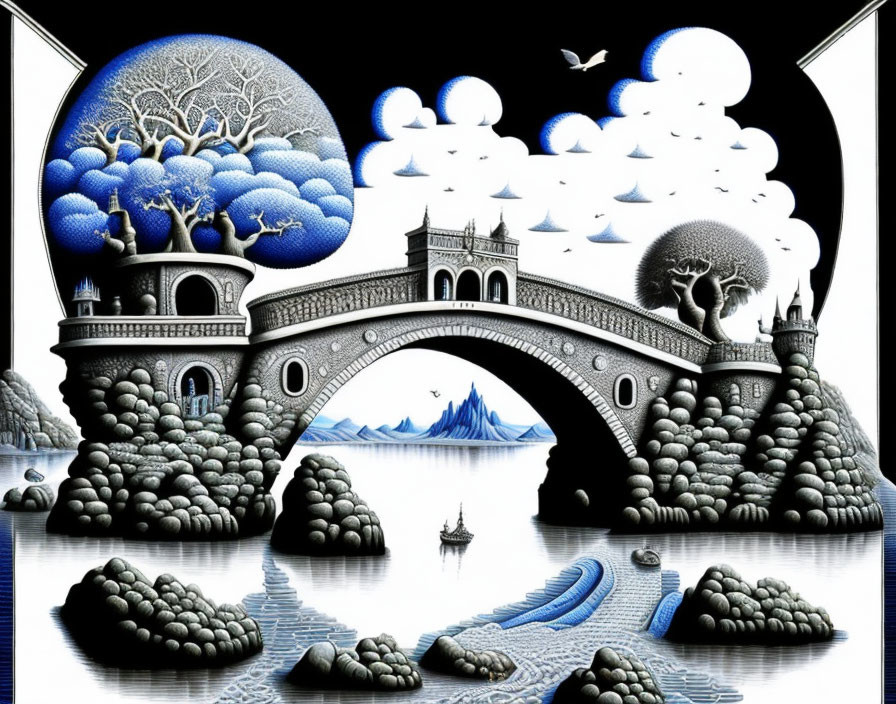 Monochromatic surreal artwork featuring arched bridge, trees, clouds, birds, and boat