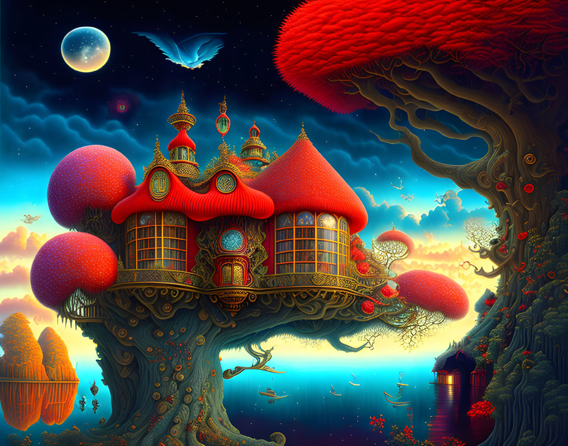 Colorful Fantastical Treehouse with Mushroom Architecture in Night Sky