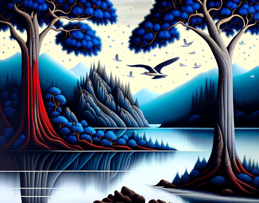 Vibrant landscape with blue trees, mountains, birds, lake, starry sky