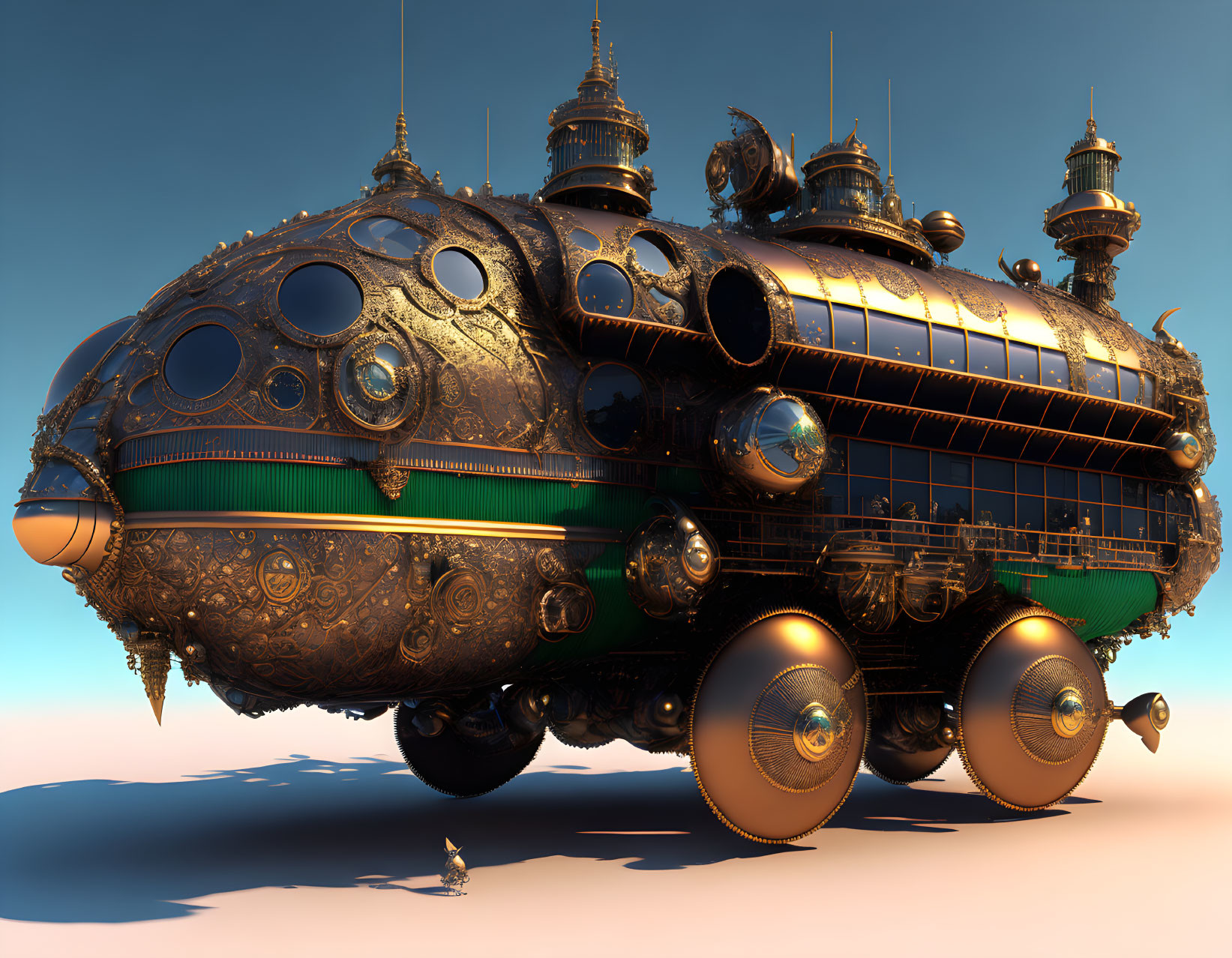 Detailed Steampunk Airship with Spherical Compartments and Metallic Wheels