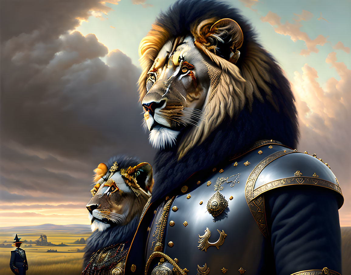 Anthropomorphic lion characters in medieval armor guarding serene landscape at dusk