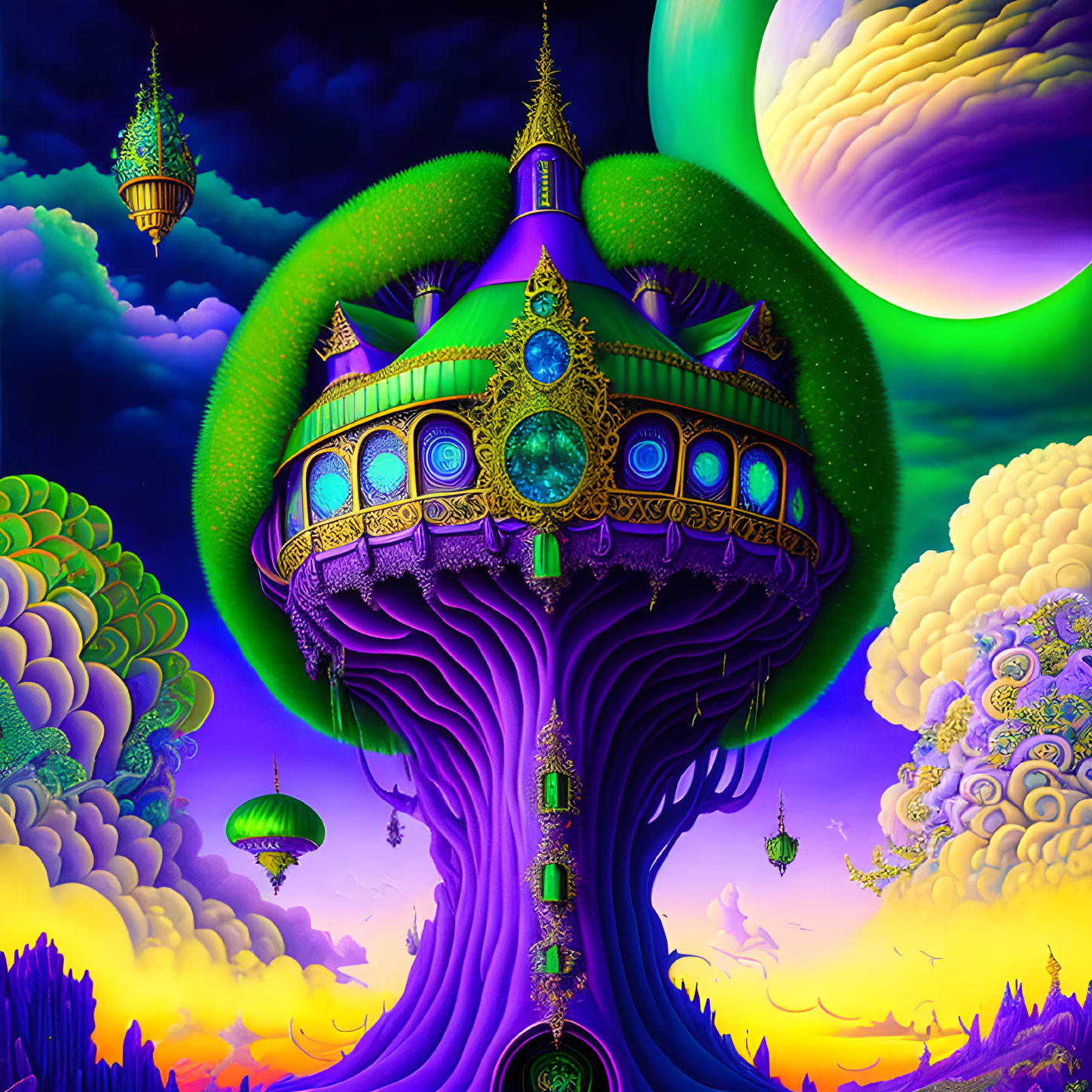 Colorful surreal artwork: Majestic purple tree with domed structure, whimsical clouds, and planets